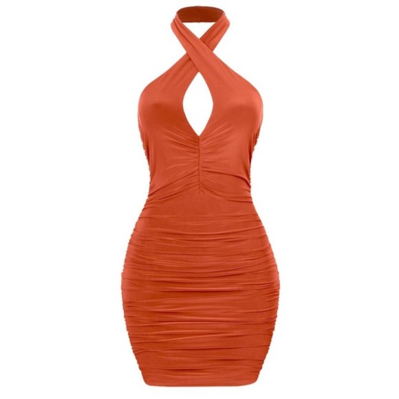 Tresser Ruched Bodycon Keyhole Halter Mini Dress Orange Size Small NWT - Picture 2 of 5